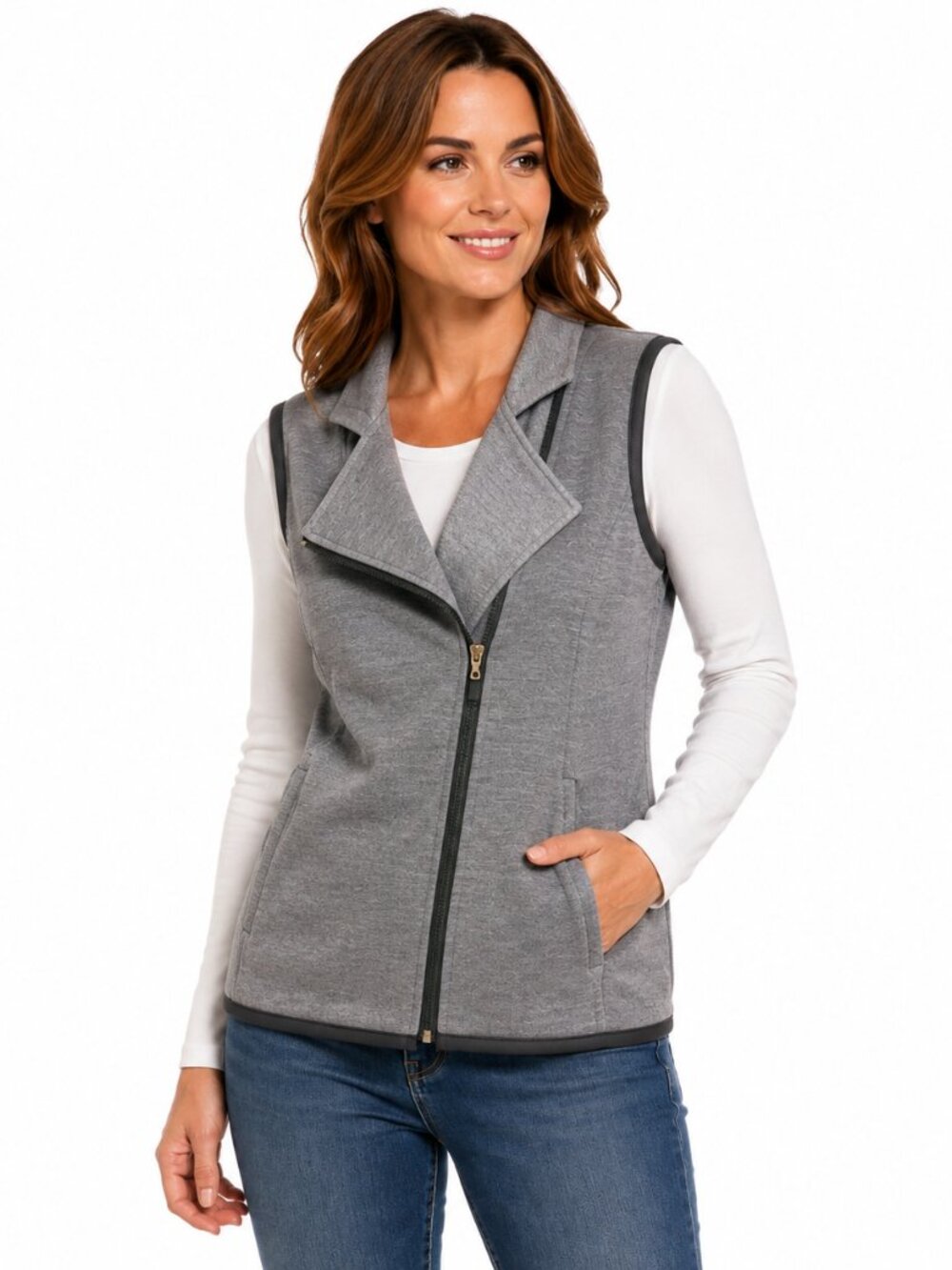 2/$30 Chico’s Weekends Grey Front Zip Hooded Vest Sz 0 (S)